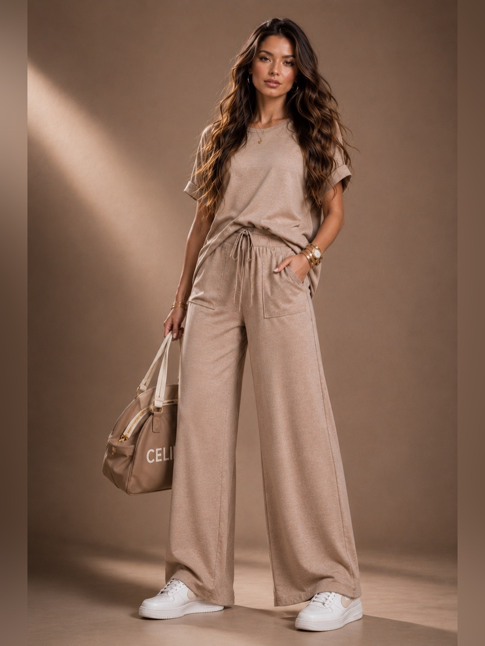 Cotton Slub Short Sleeve Tee & Long Pants Set - TAUPE